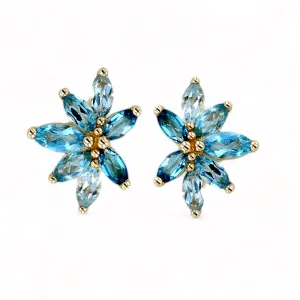 10K yellow gold Swiss and London topaz flower studs earrings-12423