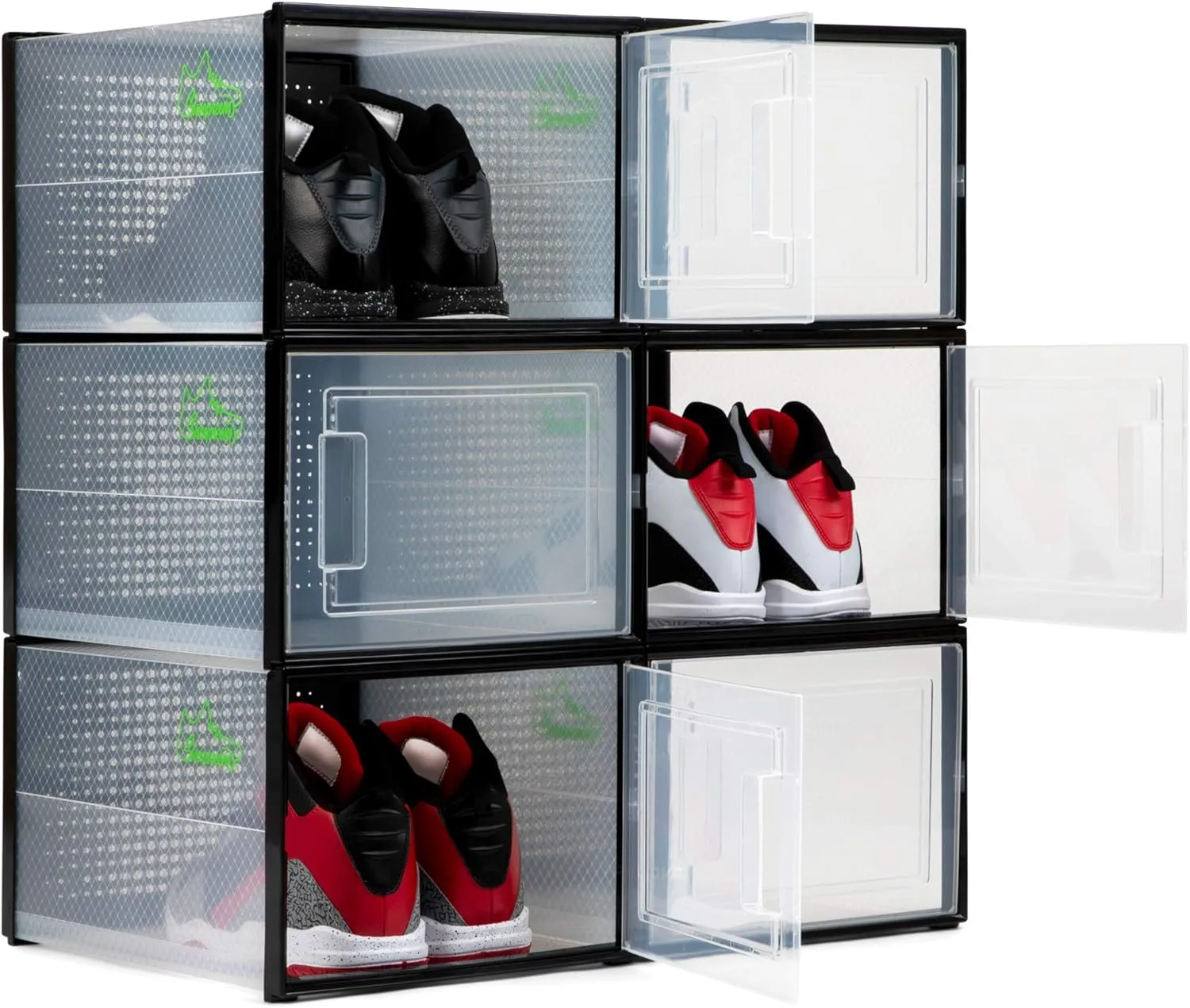 6 Pack XL Black Stackable Shoe Storage Organizer Boxes 14.6 Inch Clear Plastic