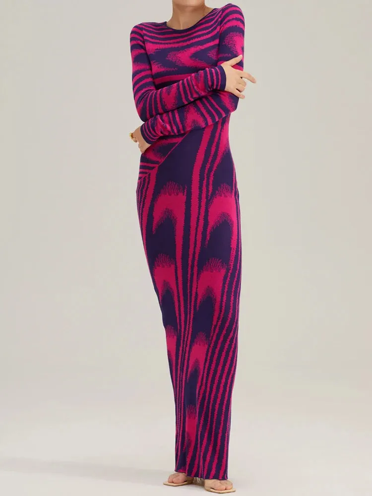 A&A Abstract Long Sleeve Knitted Maxi Dress