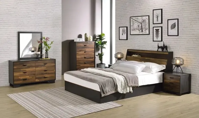 Adley Queen Bed w/Storage, Walnut & Black Finish