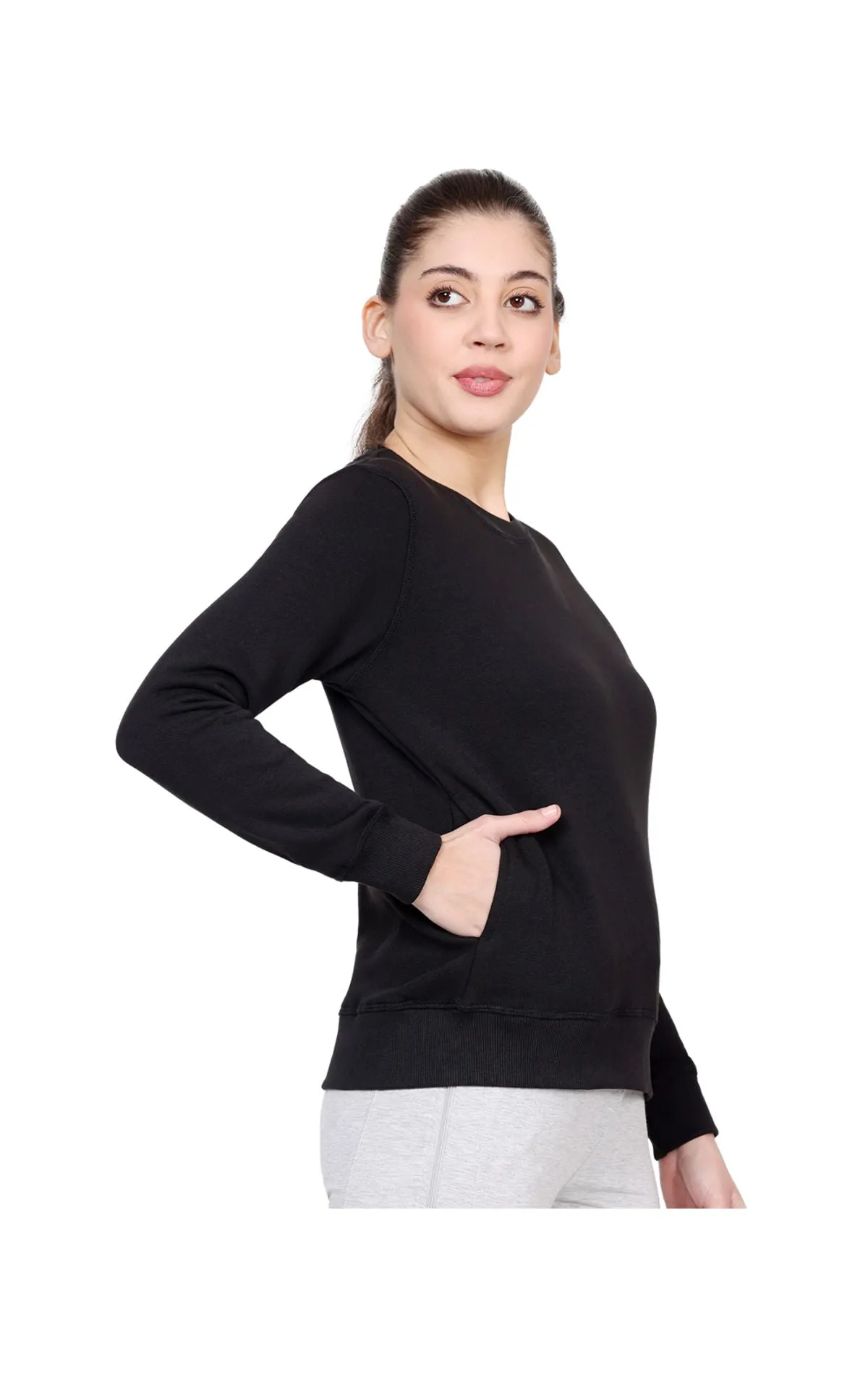 Bodyactive Women Cotton Fleece Blend Black Solid Crew Neck Sweatshirt-TSW112_BLK