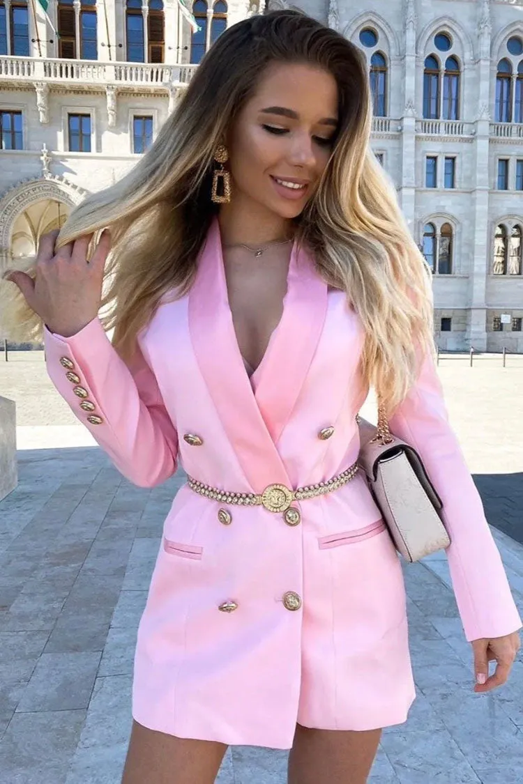 Contrast Trim Shawl Neck Double Breasted Blazer Mini Dress - Pink