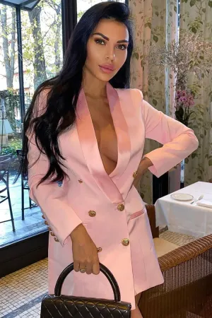 Contrast Trim Shawl Neck Double Breasted Blazer Mini Dress - Pink