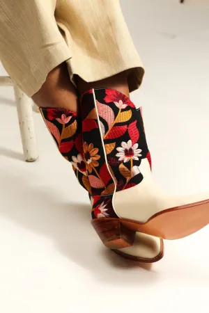 CREAM LEATHER BLACK EMBROIDERED WESTERN BOOTS X ANTHROPOLOGIE