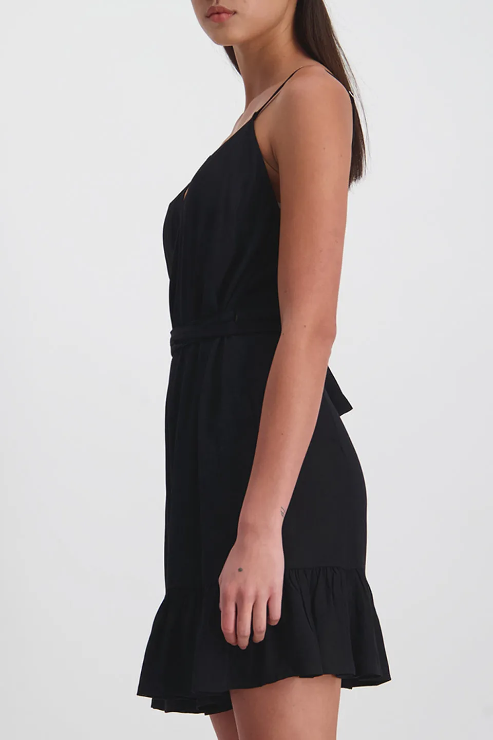 Ebony Strappy Wrap Ruffle Black Dress