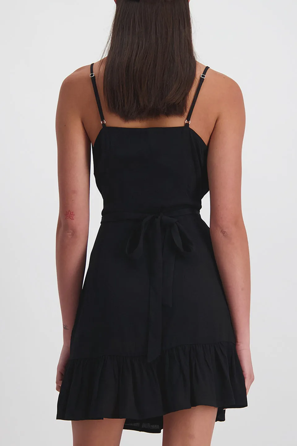 Ebony Strappy Wrap Ruffle Black Dress