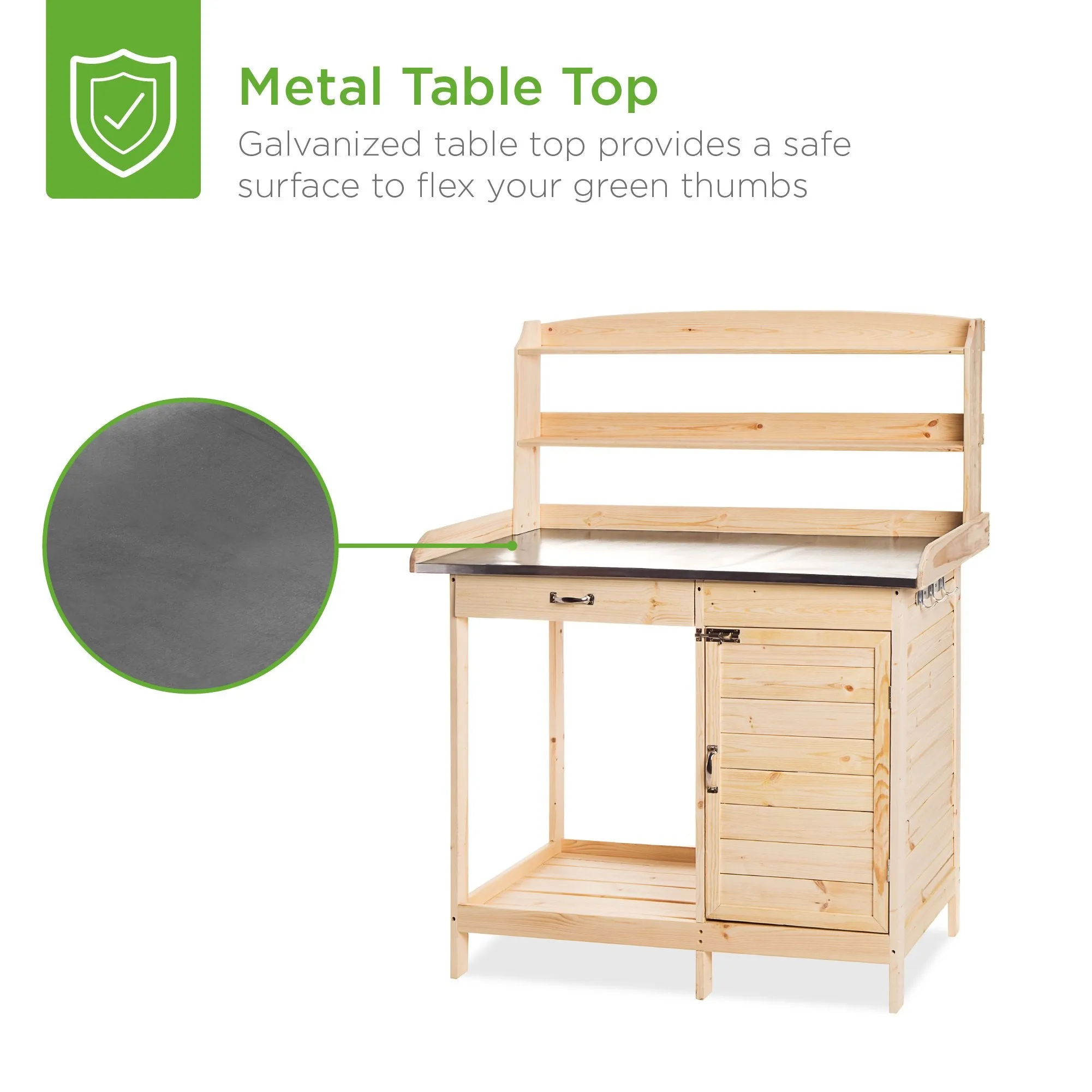 Garden Wooden Potting Bench w/ Metal Tabletop - Natural