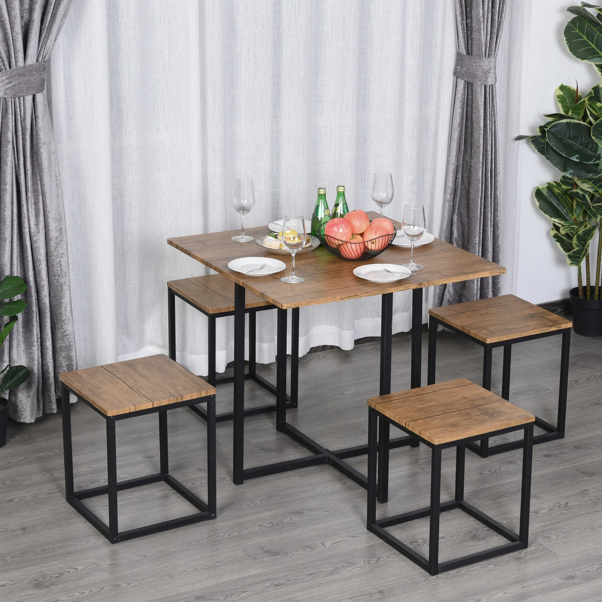 HOMCOM 5 PCS Industrial Dining Set with Metal Frame - Space-Saving Modern Classic Design