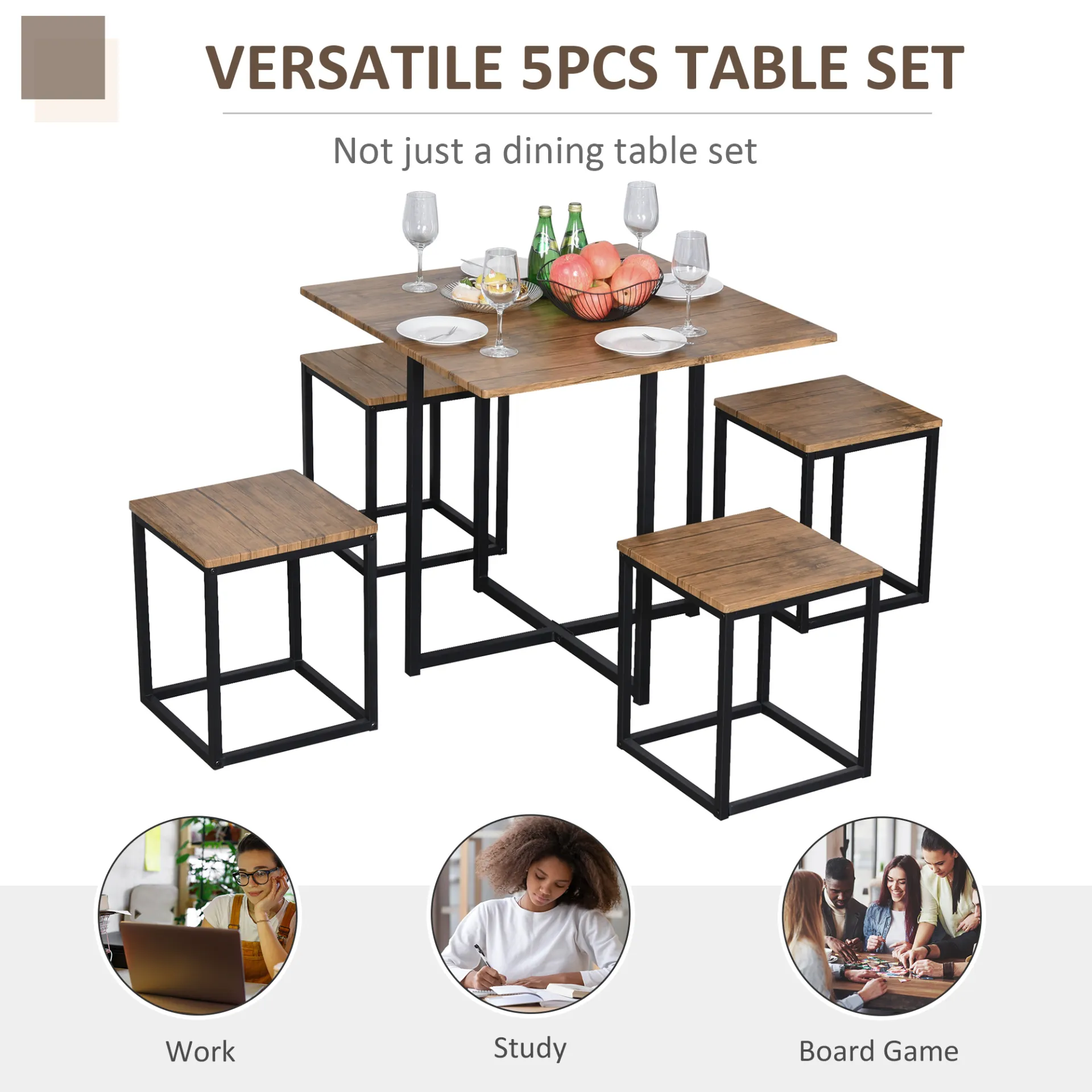 HOMCOM 5 PCS Industrial Dining Set with Metal Frame - Space-Saving Modern Classic Design