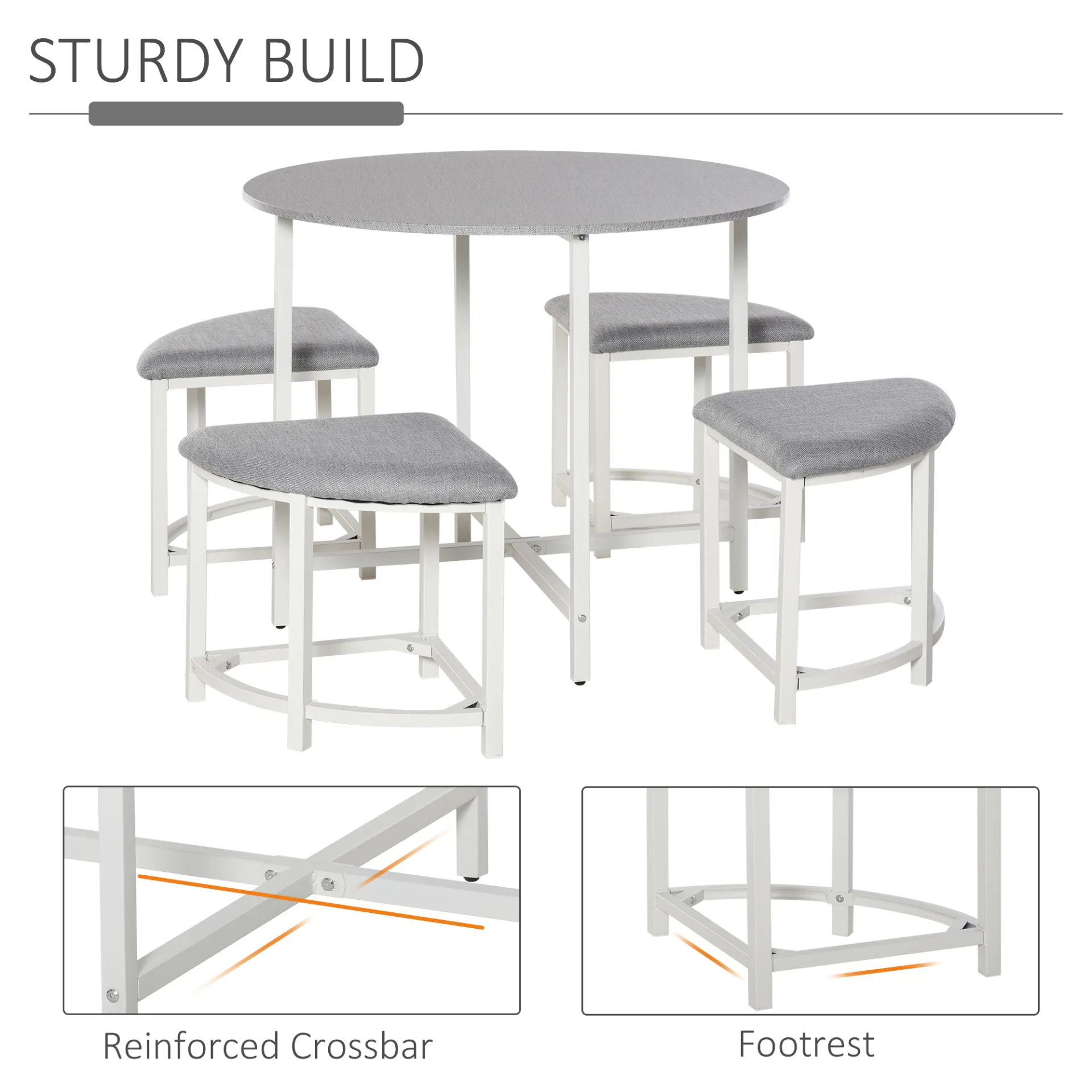 HOMCOM Modern Round Dining Table Set with 4 Upholstered Stools - Space-Saving, Stylish & Durable