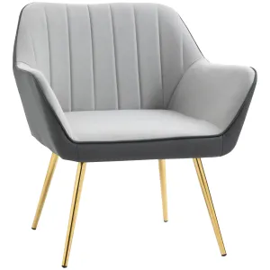 HOMCOM Modern Velvet Armchairs with Gold Steel Legs, Upholstered Accent Chairs for Living Room and Bedroom, Light Grey - Stylish & Comfortable Seating