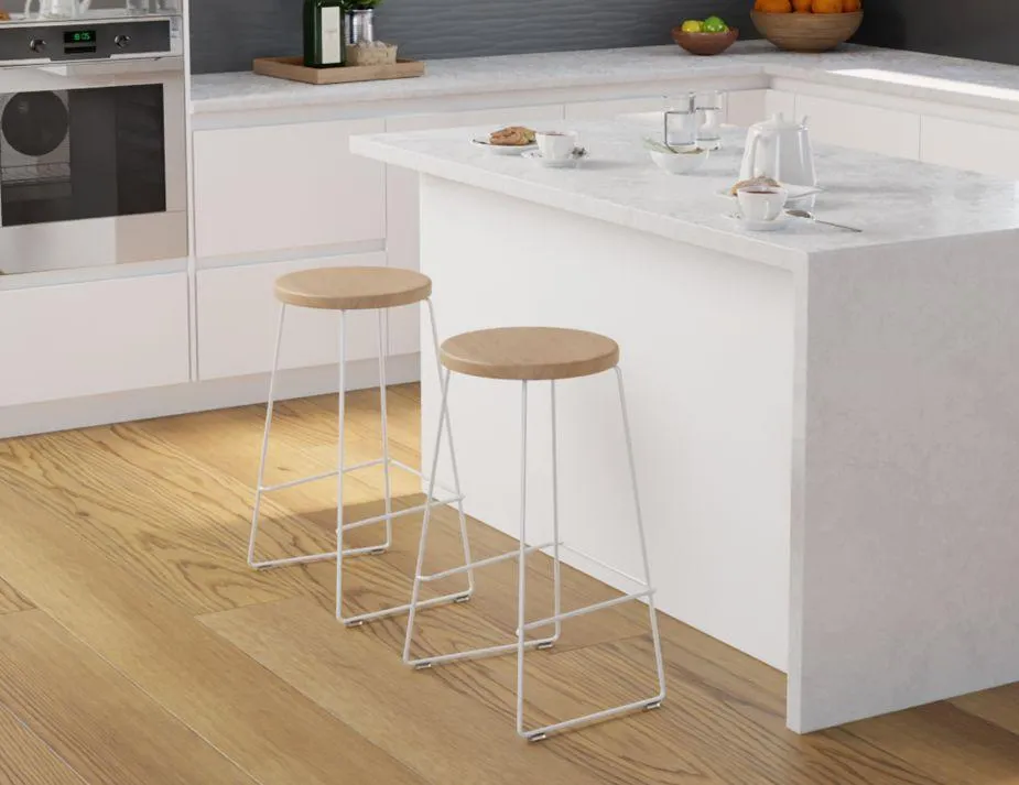 Hugo Bar Stool - White - Natural Seat - 68cm Kitchen Height Round Seat