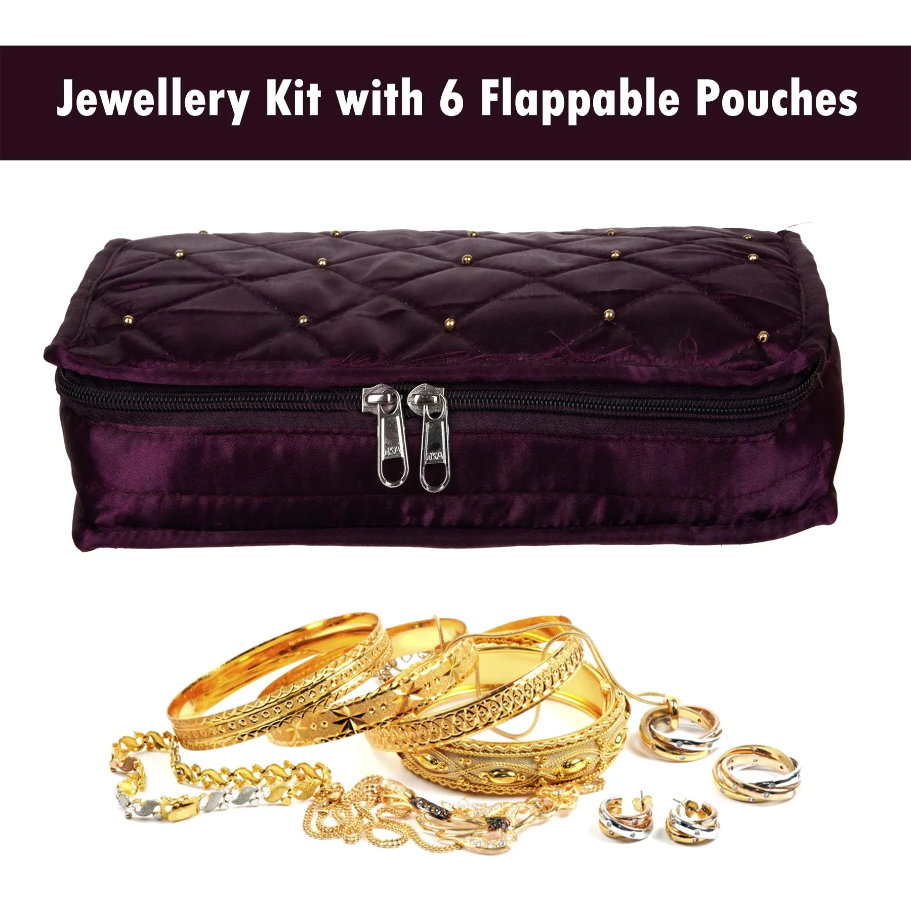 Kuber Industries Jewellery Kit | Satin Jewellery Storage Kit | Moti Beads Jewellery Kit | Cosmetic Kit with 6 Flappable Pouches | Travel Kit for Necklace | Rings | Bracelet | Pack of 2 | Wine