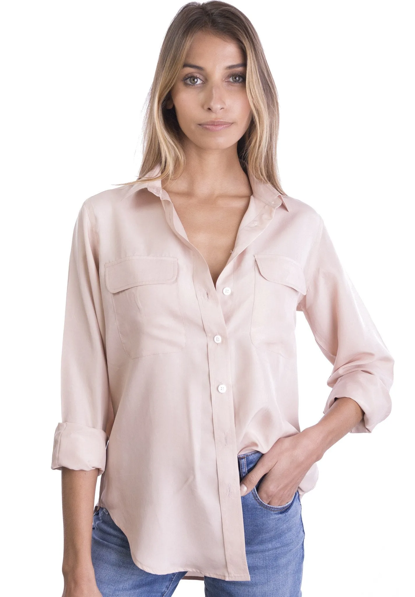 Lete-Silk Blush Pink Classic Fit Sand Washed Silk Shirt