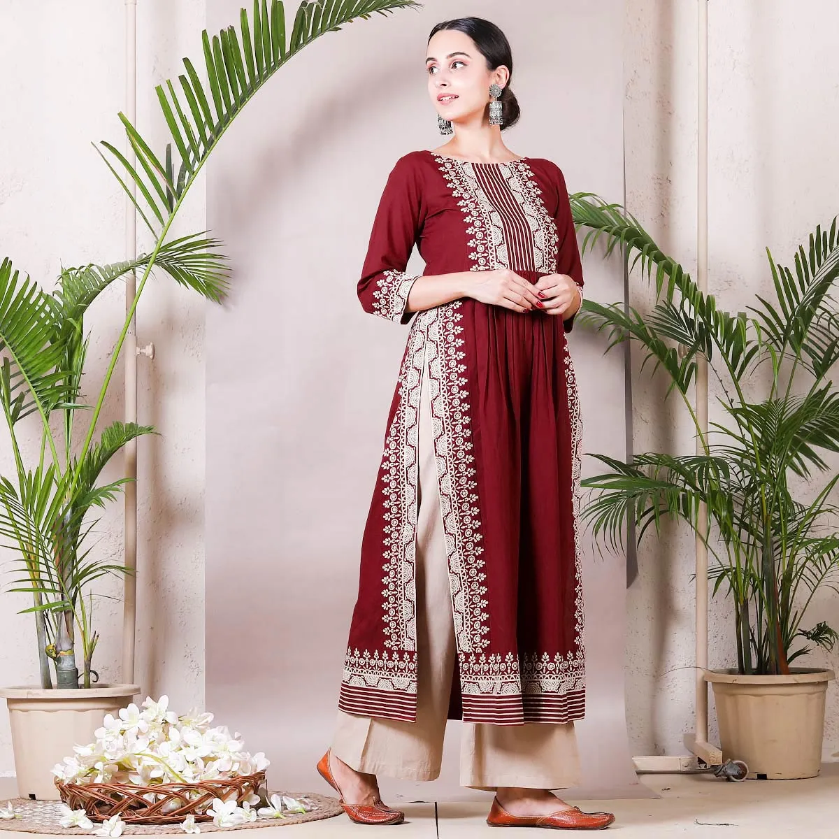 Maroon & Beige Border Printed Front Gather Kurta Palazzo Co-ord Set