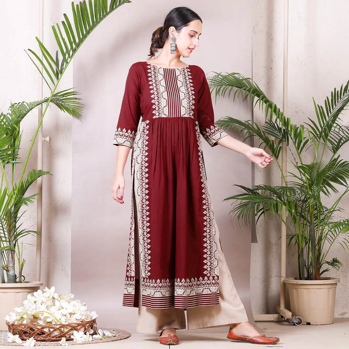 Maroon & Beige Border Printed Front Gather Kurta Palazzo Co-ord Set