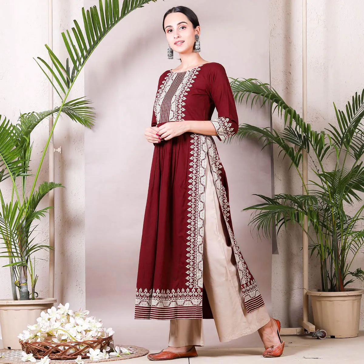 Maroon & Beige Border Printed Front Gather Kurta Palazzo Co-ord Set