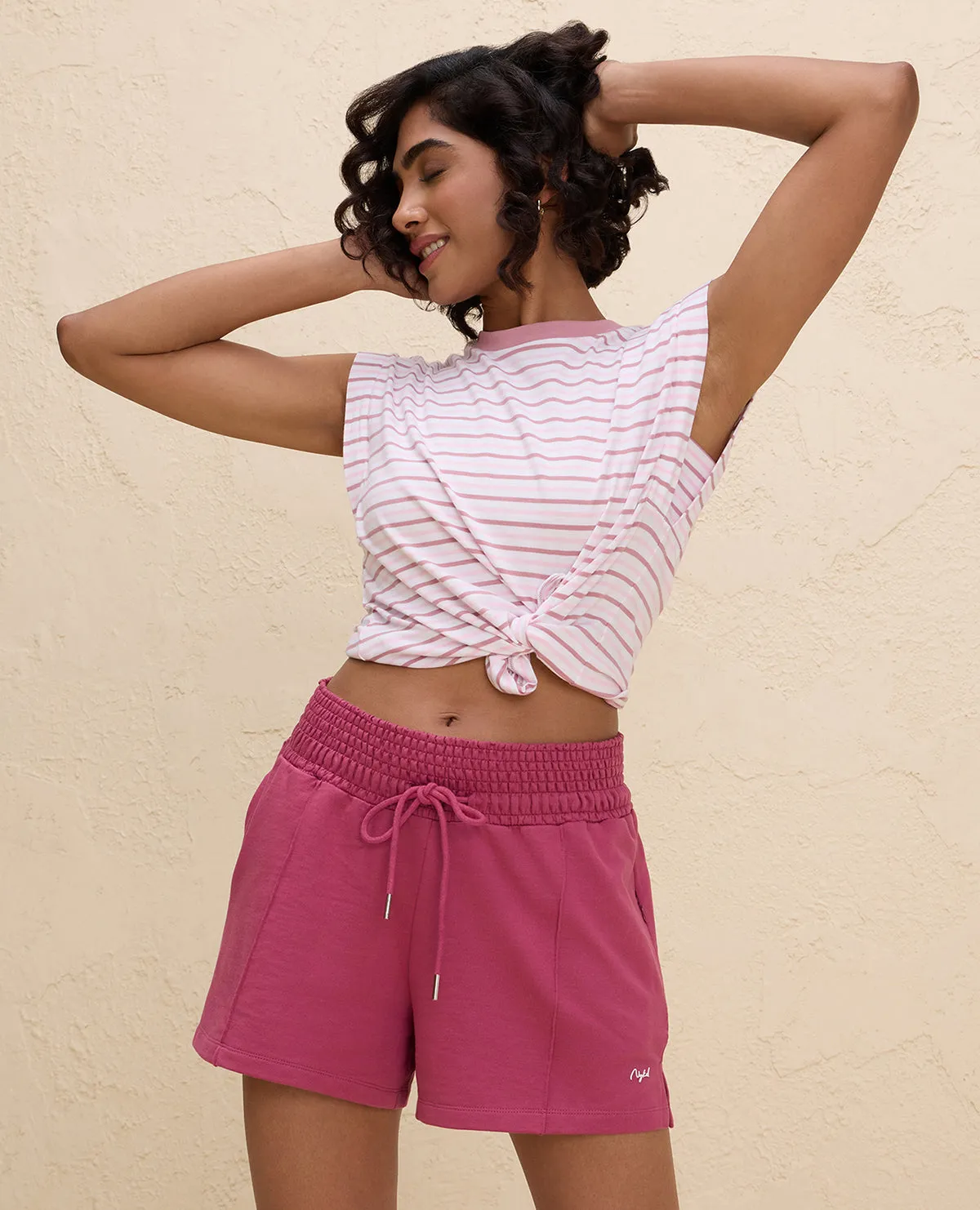 Nykd By Nykaa Summer Essential Smocked Waist Lounge Cotton Terry Shorts -NYLE603-Grape