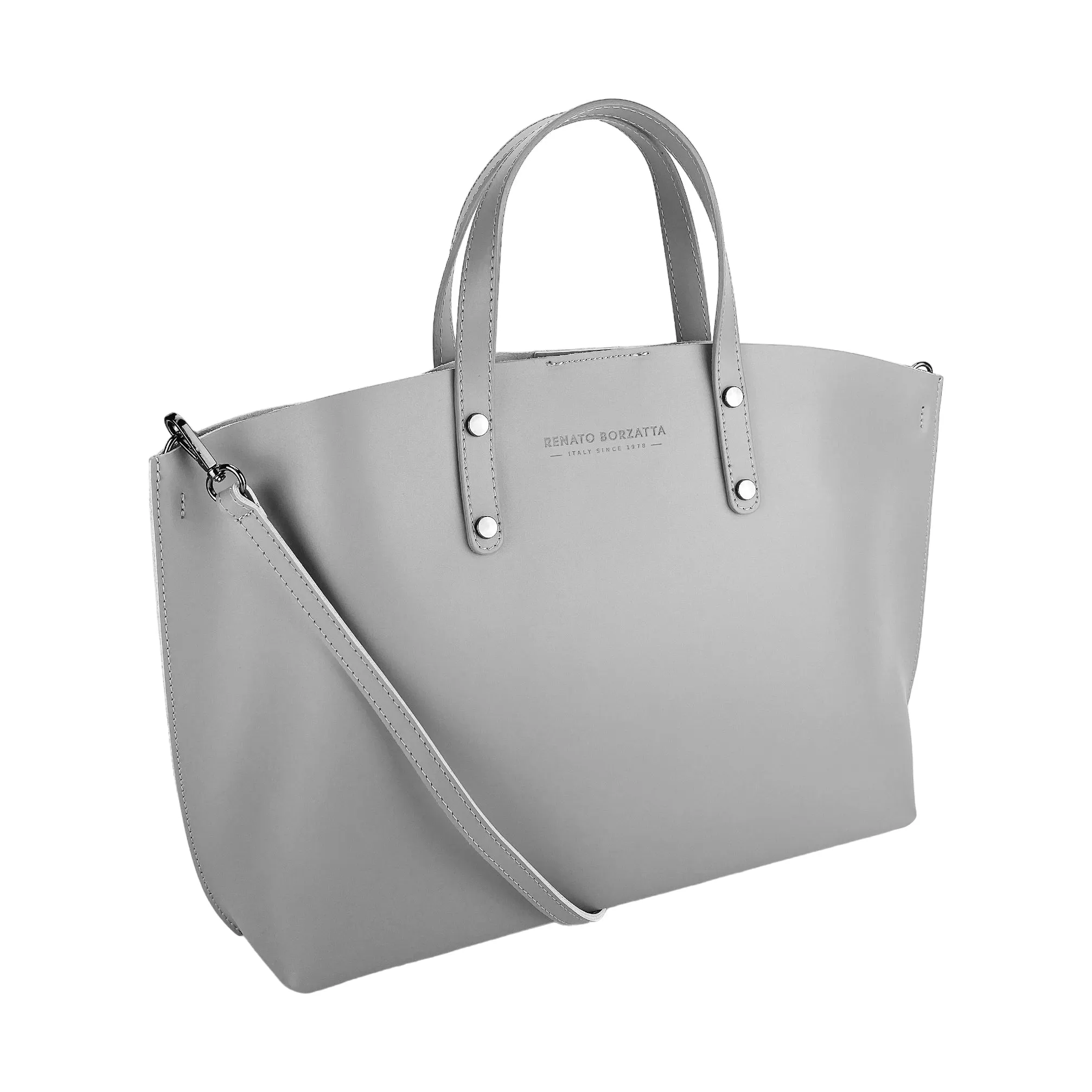 RB1024F | Women's handbag in genuine leather Made in Italy with removable shoulder strap. Large internal removable bag. Polished gunmetal accessories - Gray color - Dimensions: 48x31x11 cm