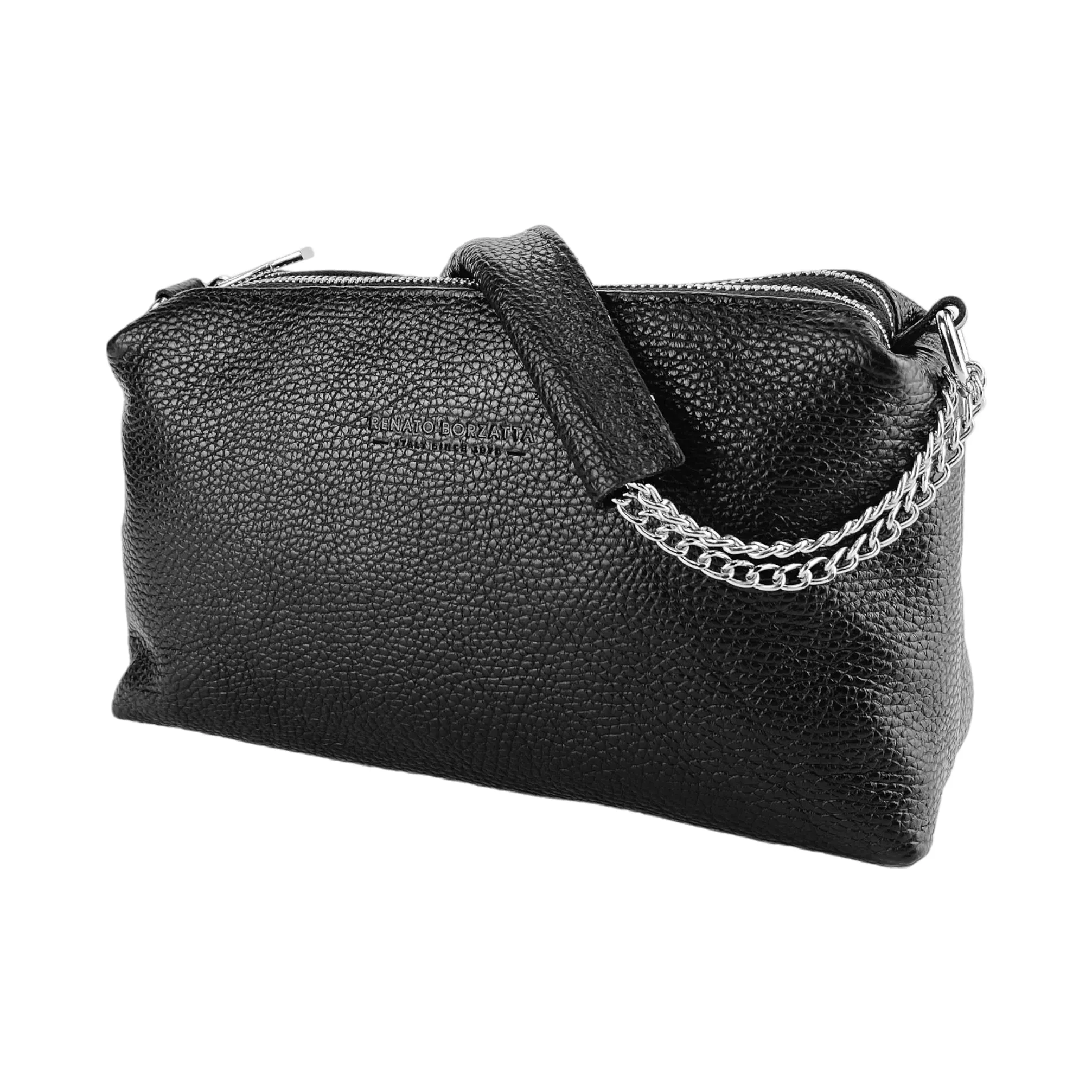 RB1025A | Women's handbag with double zip in Genuine Leather Made in Italy. Adjustable leather shoulder strap. Polished Nickel Accessories - Black Color - Dimensions: 26 x 14 x 9 cm