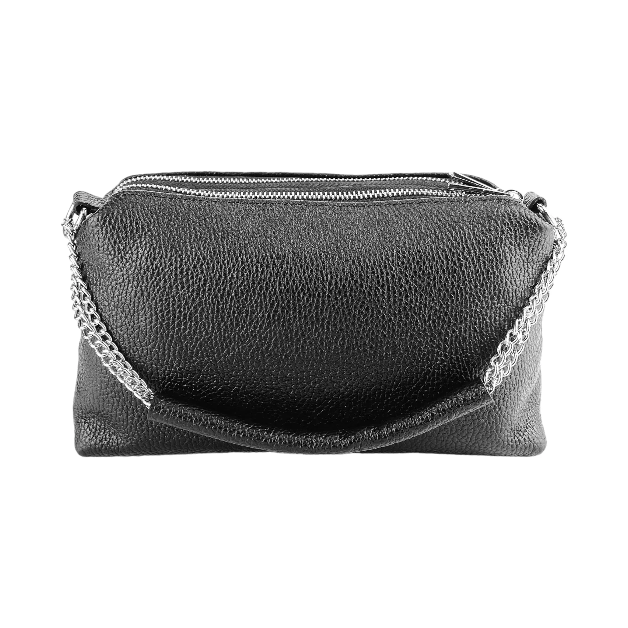 RB1025A | Women's handbag with double zip in Genuine Leather Made in Italy. Adjustable leather shoulder strap. Polished Nickel Accessories - Black Color - Dimensions: 26 x 14 x 9 cm