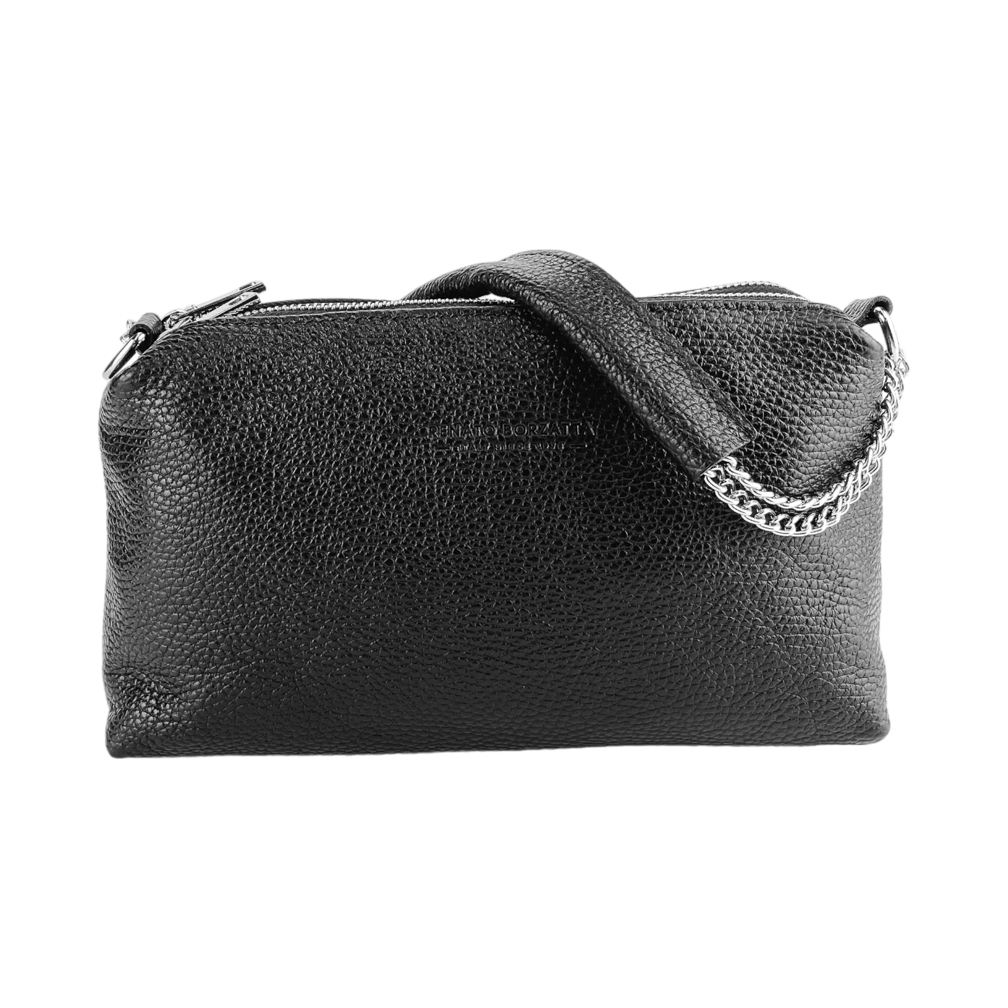 RB1025A | Women's handbag with double zip in Genuine Leather Made in Italy. Adjustable leather shoulder strap. Polished Nickel Accessories - Black Color - Dimensions: 26 x 14 x 9 cm