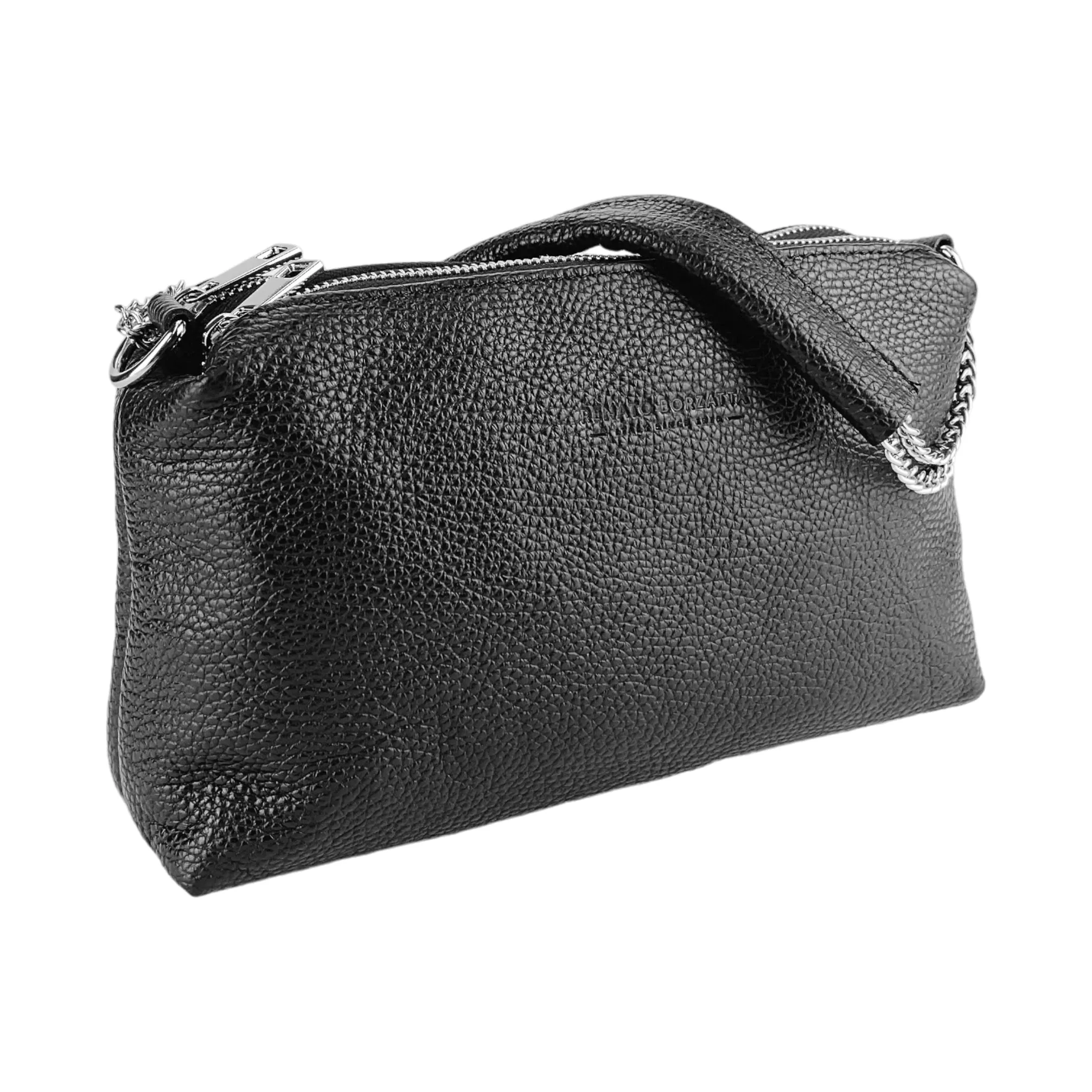 RB1025A | Women's handbag with double zip in Genuine Leather Made in Italy. Adjustable leather shoulder strap. Polished Nickel Accessories - Black Color - Dimensions: 26 x 14 x 9 cm