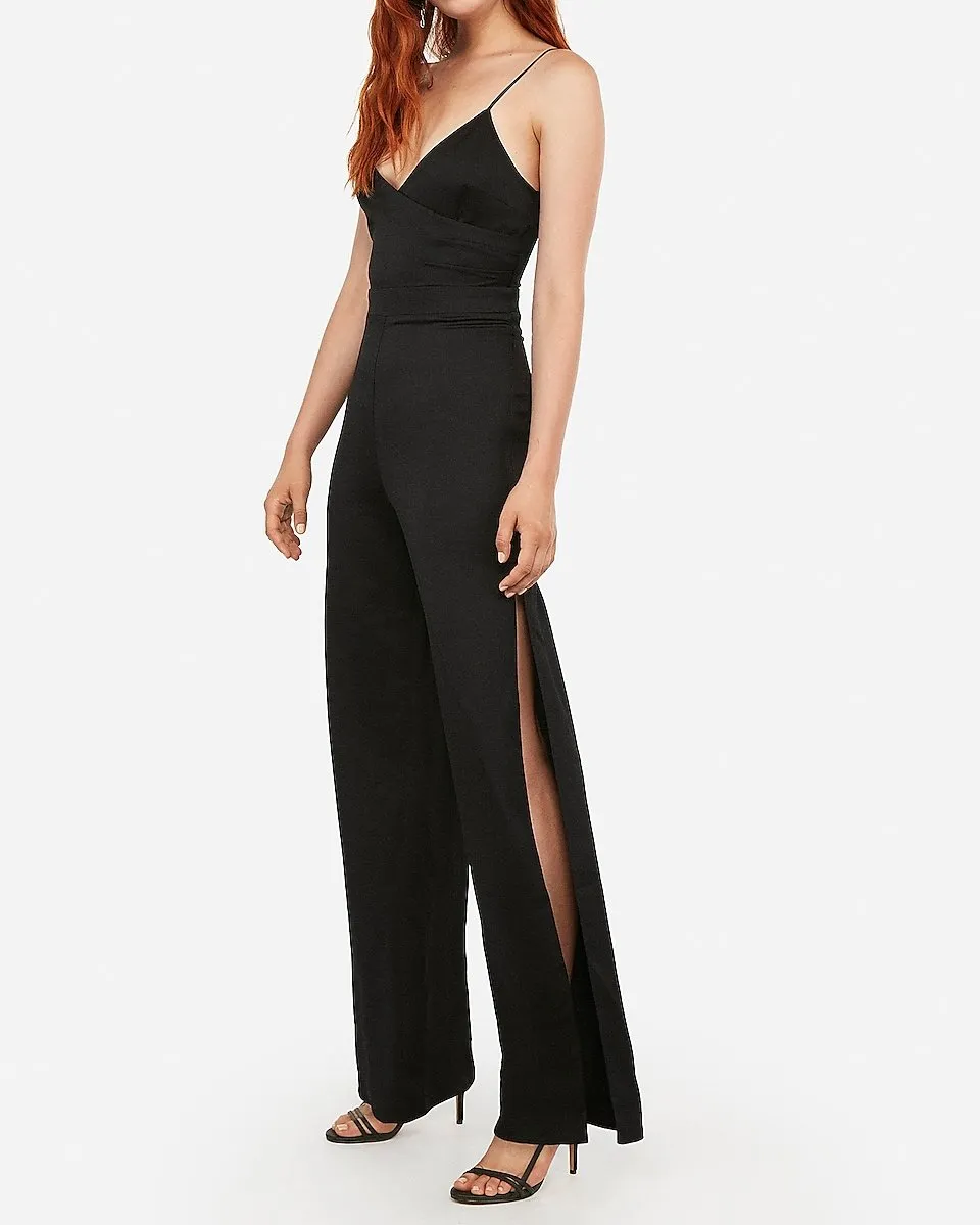 Satin Surplice Split Leg Jumpsuit in Pitch Black