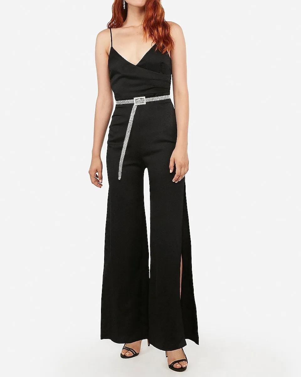 Satin Surplice Split Leg Jumpsuit in Pitch Black