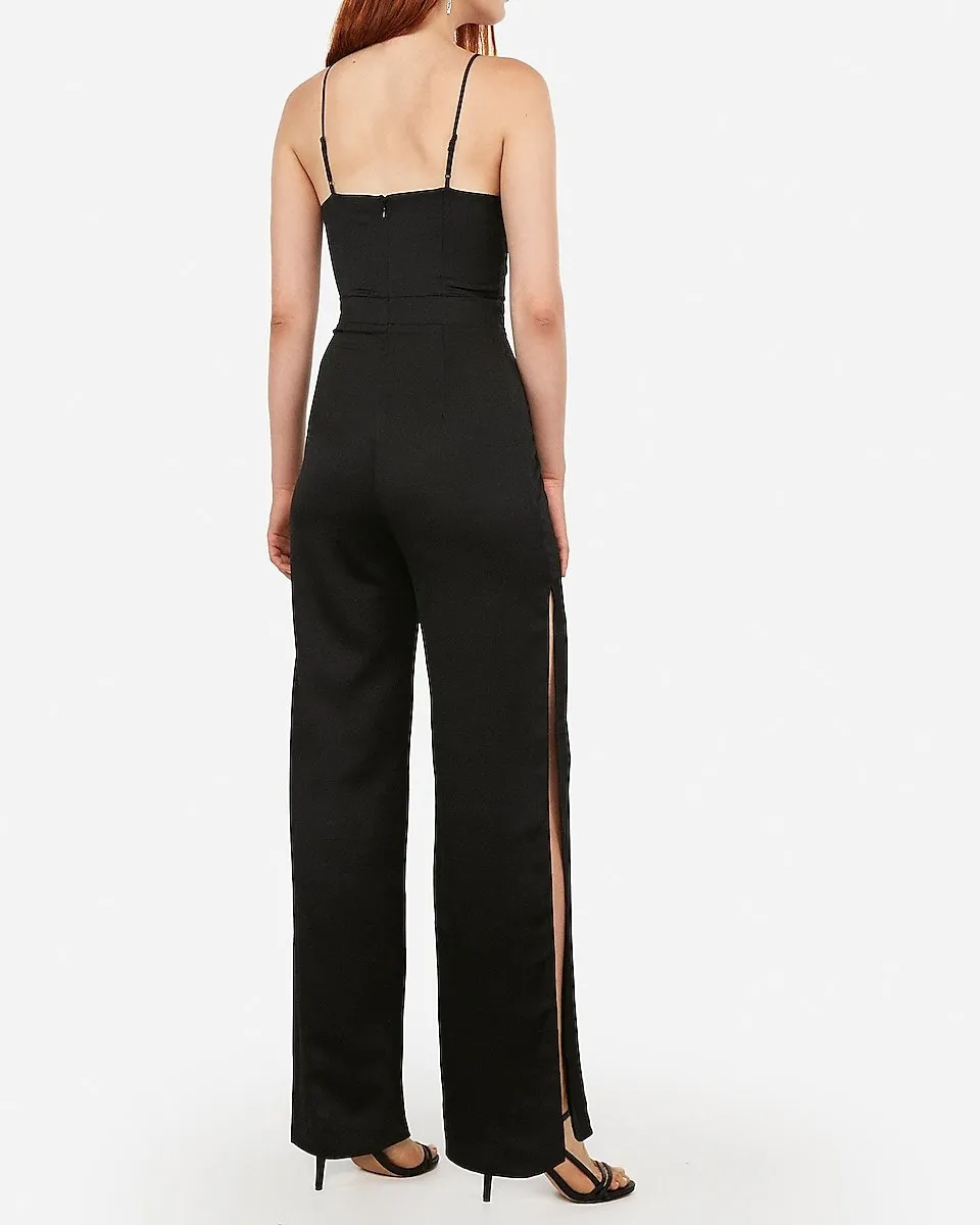 Satin Surplice Split Leg Jumpsuit in Pitch Black