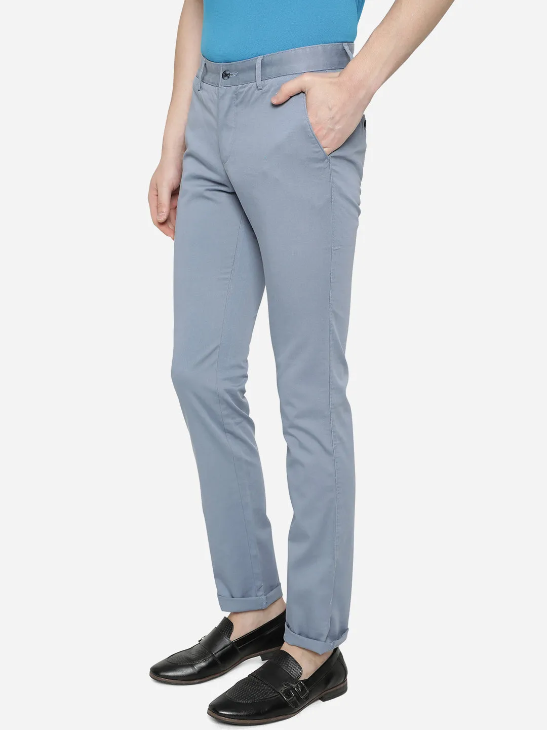 Steel Blue Solid Super Slim Fit Casual Trouser | Greenfibre