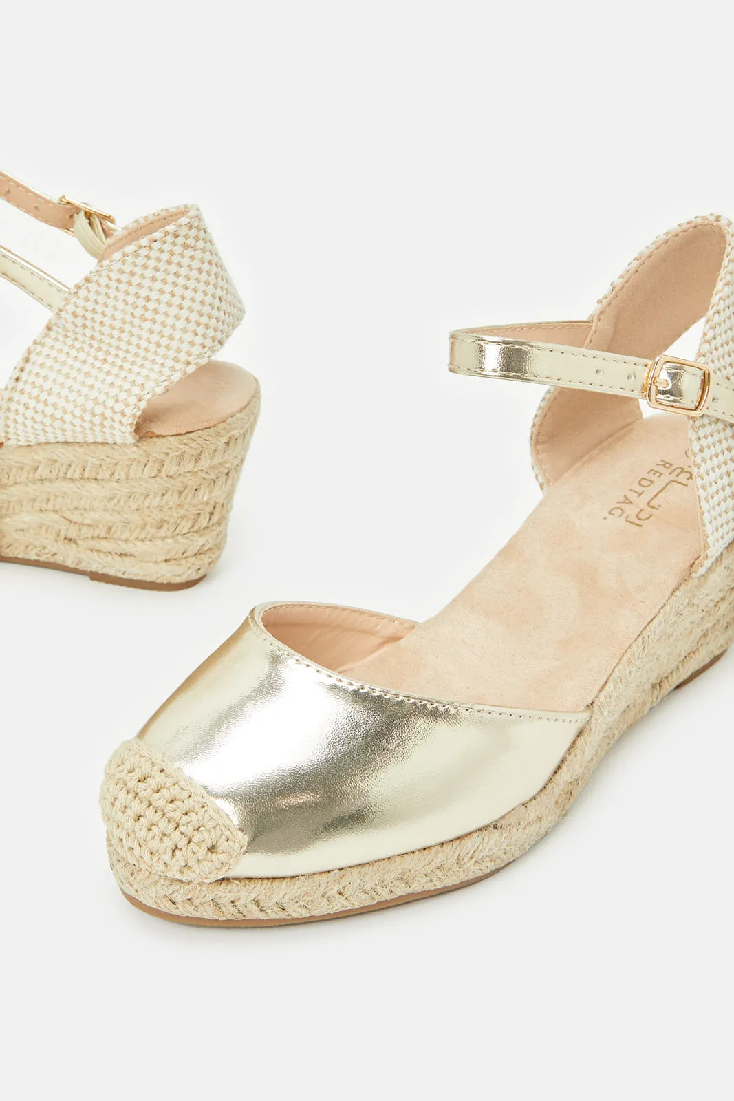 Women Gold Shiny Espadrille With wedges Heel